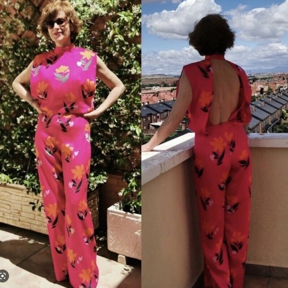 NWT. Zara Pink Satin Effect Flowers Print Sleeveless Jumpsuit. Size XS - Picture 7 of 14